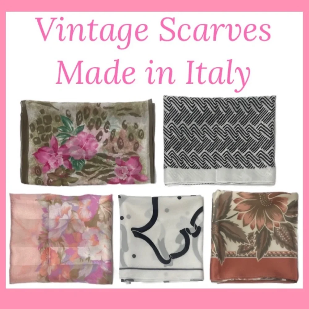 Vintage Italian Made in Italy Flower Silk Luxury Fashion Scarf Lot Bundle Set
